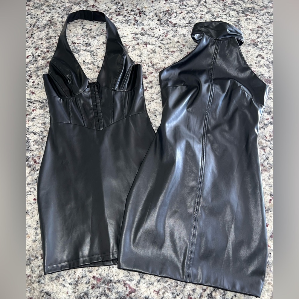 Fashion Nova 2 Black Halter Neck Faux Leather Dresses Sz. S